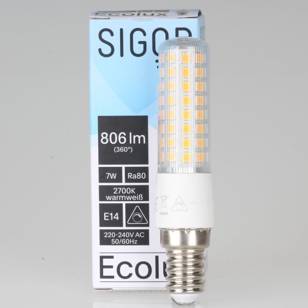 Sigor E14 LED Röhrenlampe klar 7W (60W) 2700K warmweiß 806lm dimmbar