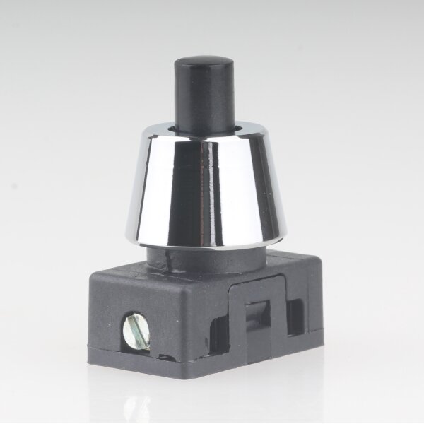 Lampen Einbau-Druckschalter schwarz mit M10x1 Schrägmutter glatt Messing verchromt 250V/2A 1-polig