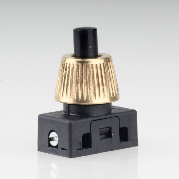 Lampen Einbau-Druckschalter schwarz mit M10x1 Schrägmutter gerändelt Messing roh 250V/2A 1-polig