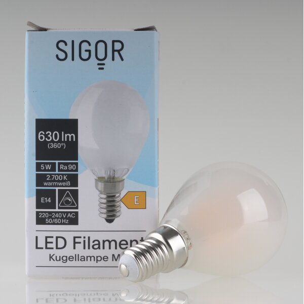 Sigor E14 LED Filament Tropfenlampe matt 5W (50W) 2700K warmweiß 630lm dimmbar