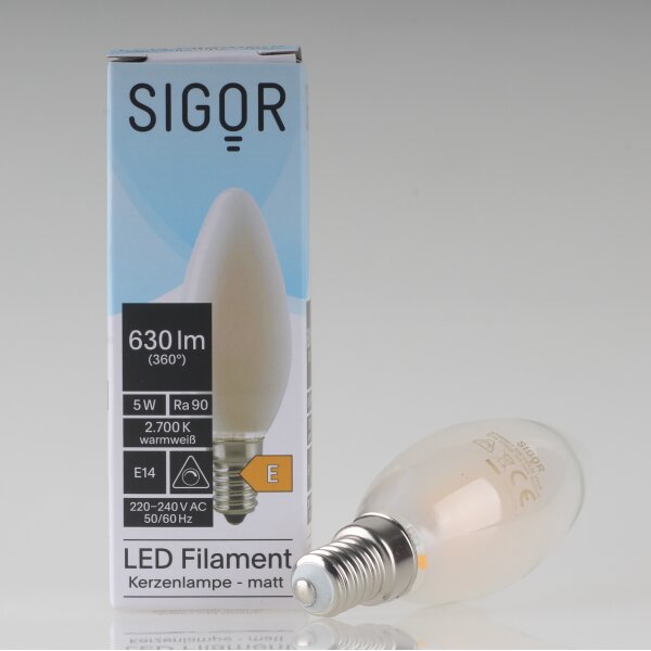 Sigor E14 LED Filament Kerzenlampe matt 5W (50W) 2700K warmweiß 630lm dimmbar