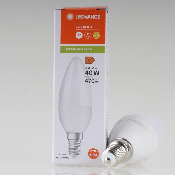LEDVANCE E14 LED Leuchtmittel 4.9W=(40W) 240V Kerzen-Form matt warmweiß 470 lm dimmbar