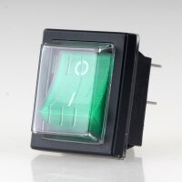 Einbau-Wippschalter grün beleuchtet 2-polig EIN/AUS 30x22mm 250V/16A mit PVC-Schutzkappe
