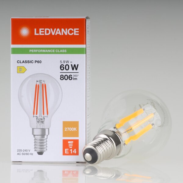 LEDVANCE E14 LED-Leuchtmittel 5,9W=(60W) 240V Tropfen-Form klar 2700K warmweiß 806 Lumen