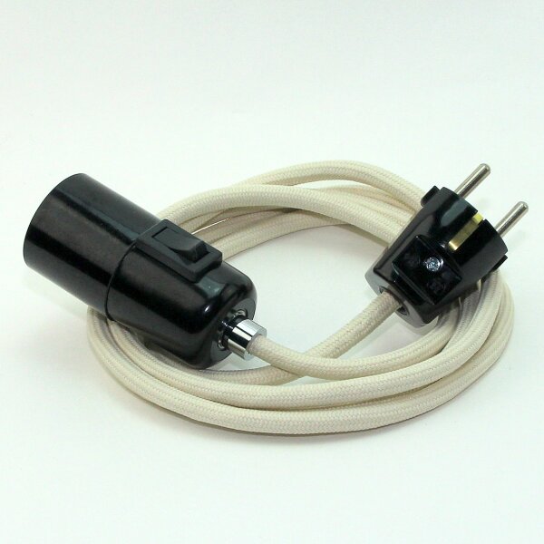 Textilkabel Pendel elfenbein E27 Bakelit Vintage Fassung mit Schalter schwarz und Schutzkontakt-Stecker