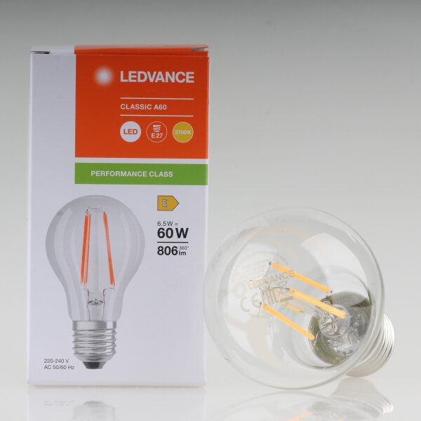 E27 LEDVANCE LED Filament Leuchtmittel klar 6.5W=(60W) 240V 806 lm 2700K warmweiß