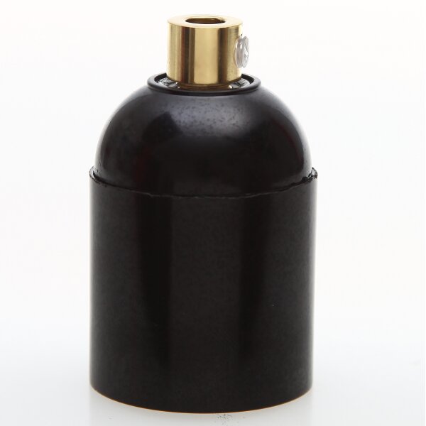 E27 Bakelit Glattmantel Lampenfassung schwarz mit Zugentlaster Messing poliert Metall