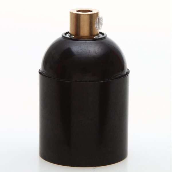 E27 Bakelit Glattmantel Lampenfassung schwarz mit Zugentlaster Messing unbehandelt Metall