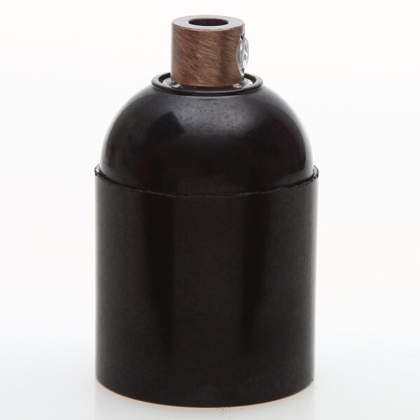 E27 Bakelit Glattmantel Lampenfassung schwarz mit Zugentlaster Metall antik fume