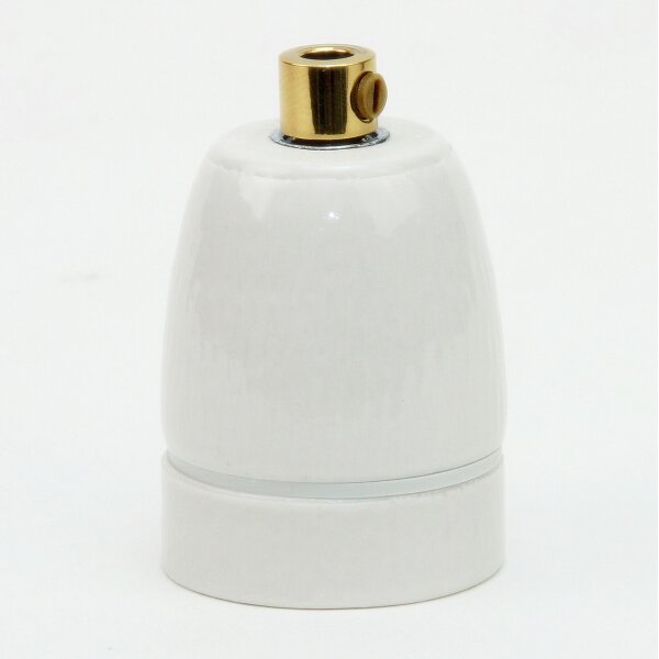 E27 Premium Porzellan-Lampenfassung glasiert, inkl. Metall-Zugentlaster vermessingt 250V/4A M10x1 IG