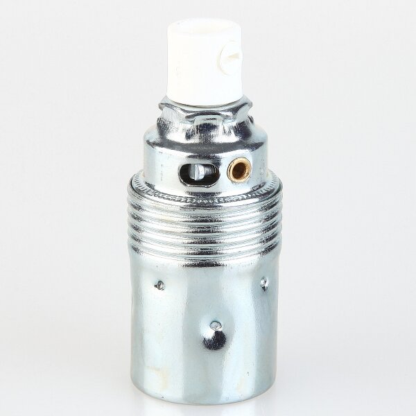 E14 Metall-Lampenfassung Premium verchromt mit Zugentlaster weiß, Glattmantel, M10x1 IG