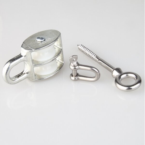 Doppeltes Umlenkrollen-Set / Blockseilrolle 20 mm mit Augbolzen & Schäkel – für Kabel bis Ø 6 mm