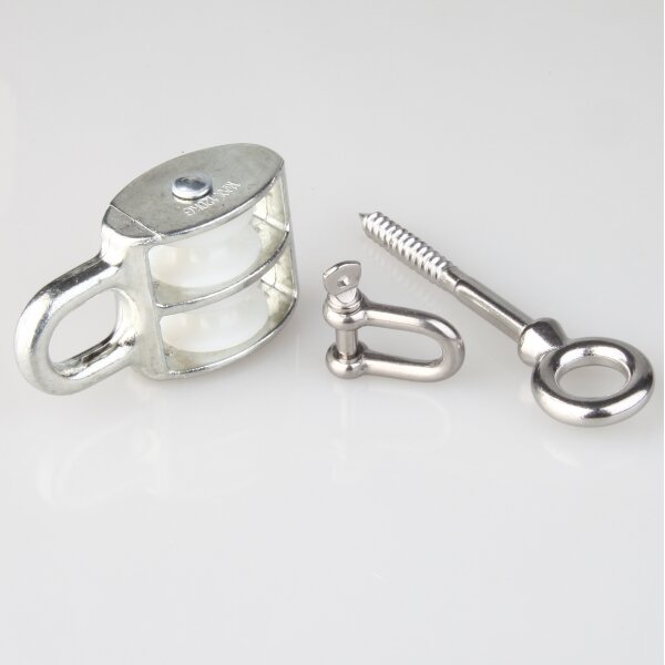 Doppeltes Umlenkrollen-Set / Blockseilrolle 25 mm mit Augbolzen & Schäkel – für Kabel bis Ø 7 mm