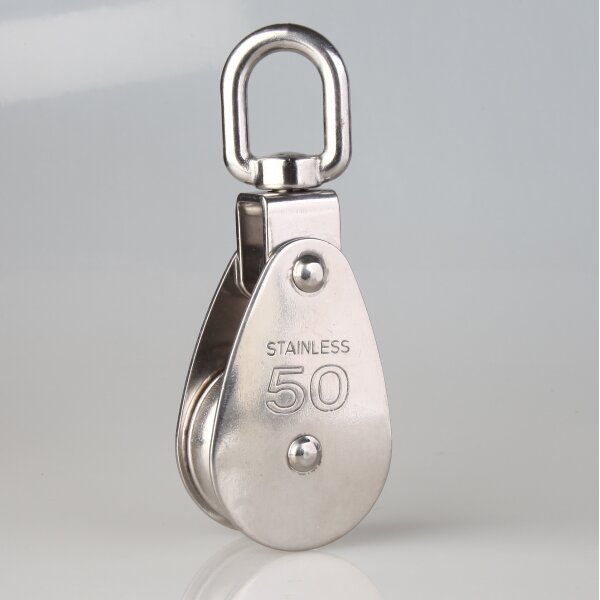 Umlenkrolle / Blockseilrolle Edelstahl Ø 50 mm mit drehbarem Wirbel – für Kabel und Seile bis Ø 10 mm