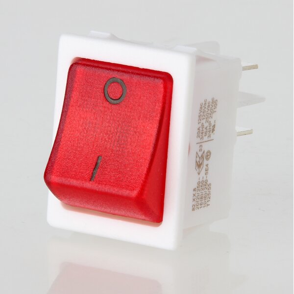 interBär Wippschalter 2-polig, rot beleuchtet, 250V/16A, 30x22 mm, weißes Gehäuse