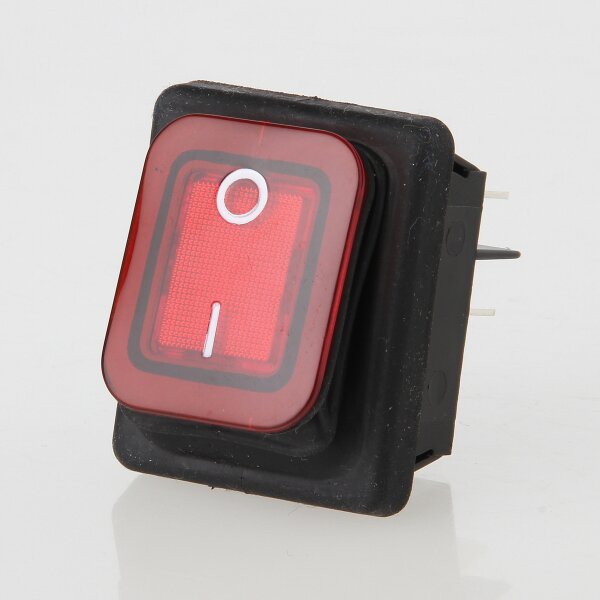 interBär Wippschalter 2-polig, IP65 spritzwassergeschützt, rot beleuchtet, 250V/16A, 30x22 mm