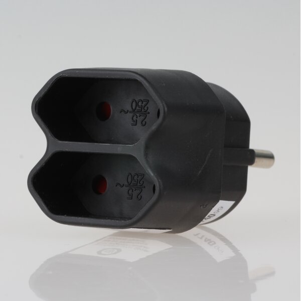 Steckdosen Adapter Schutzkontaktstecker- Adapter, schwarz mit 2 Eurosteckdosen