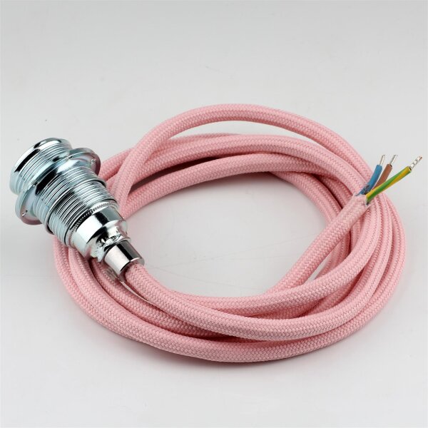 Textilkabel rosa mit E14 Fassung Metall verchromt und 2 Schraubringe