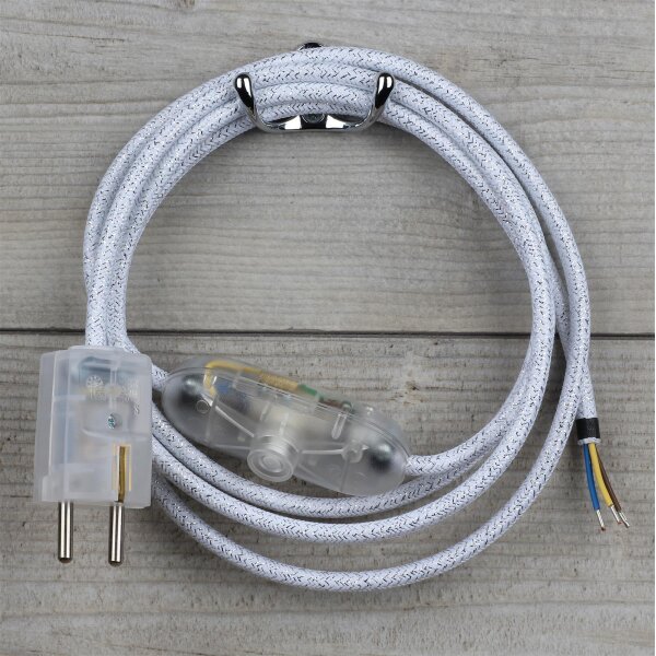Textilkabel Anschlussleitung 2-5m weiß metallic Schalter u. Schutzkontakt-Stecker transparent