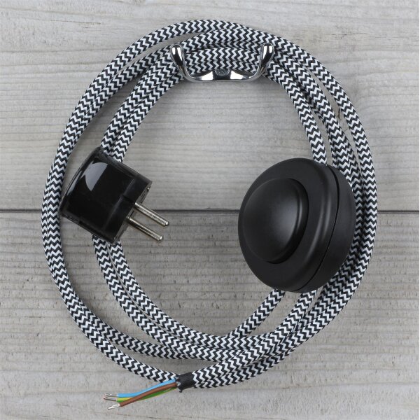 Textilkabel Anschlussleitung 2-5m schwarz-weiß zickzack mit Fußschalter und Schutzkontakt-Stecker