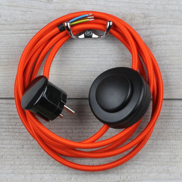 Textilkabel Anschlussleitung 2-5m orange mit Fußschalter und Schutzkontakt-Stecker