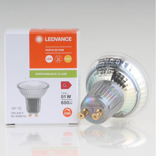 LEDVANCE GU10 PAR16 LED Leuchtmittel 7.9W=(51W) 2700K 650 lm 120° dimmbar Reflektor-Lampe