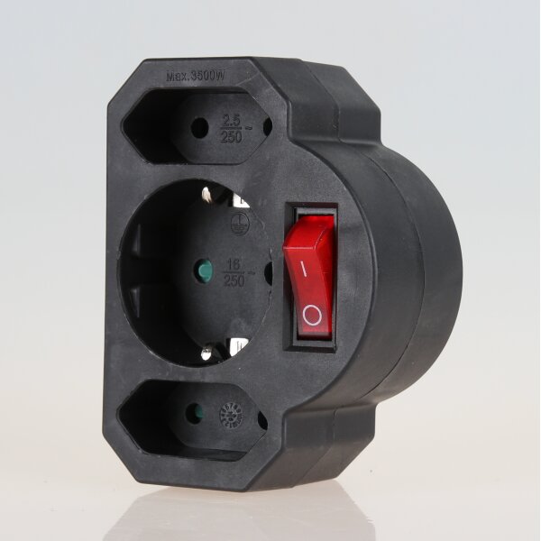 3-fach Steckdosenadapter schwarz mit Schalter – 2x Eurosteckdose & 1x Schutzkontakt, 3500W