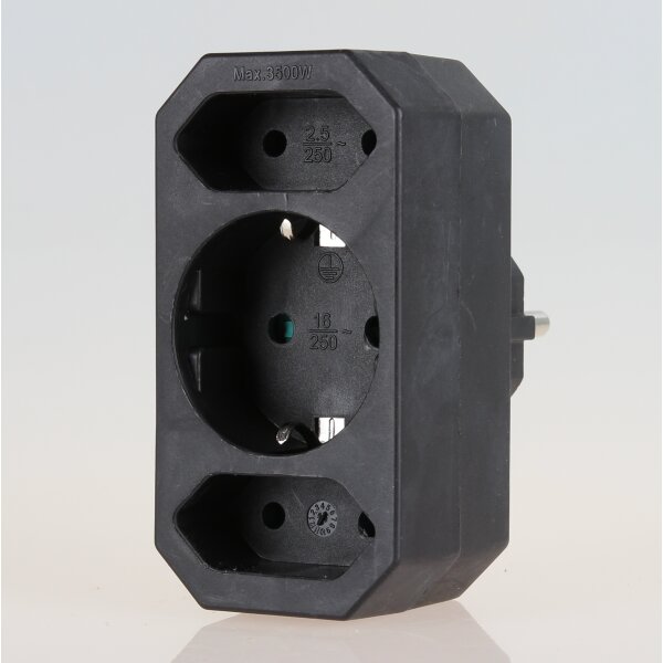 3-fach Steckdosenadapter schwarz – 2x Eurosteckdose & 1x Schutzkontakt, 3500W