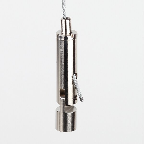 M6x7 mm Innengewinde Messing Seilstopper 10x47 mm mit seitlichem Ausgang und Gelenk, vernickelt