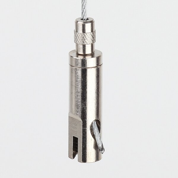 Messing Seilstopper 10x32 mm mit seitlichem Ausgang für Y-Aufhängung und Sicherungskappe, vernickelt