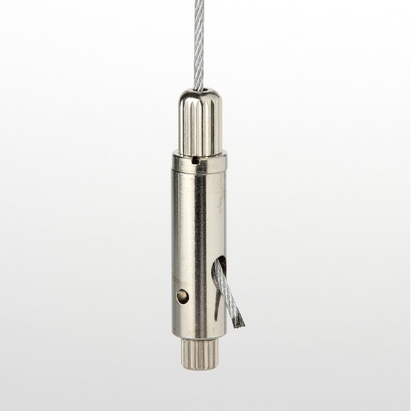 Messing Seilstopper 9x30 mm mit seitlichem Ausgang für Y-Aufhängung und Sicherungskappe, vernickelt