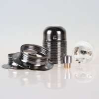 E27 Metall-Lampenfassung schwarz-chrom mit Metall Zugentlaster und 2 Schraubringe