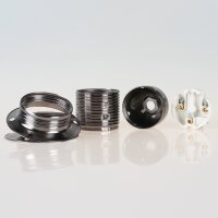 E27 Metall-Lampenfassung schwarz-chrom Außengewinde mit 2 Schraubringe