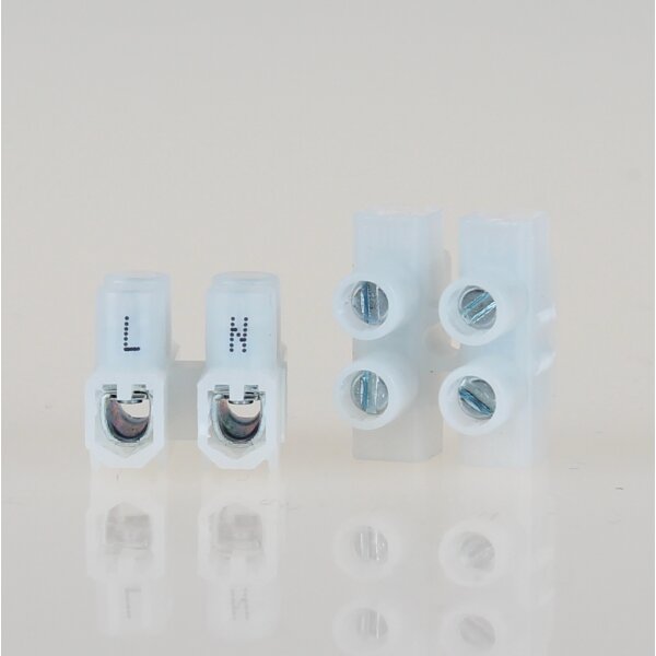 Lüsterklemme Mini transparent 2-polig bis 1,5mm² mit Beschriftung (L+N) 18x14x14mm