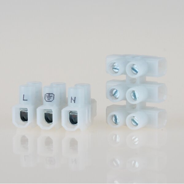 Lüsterklemme Mini transparent 3-polig bis 1,5mm² mit Beschriftung (L+Erde+N) 18x22x14mm
