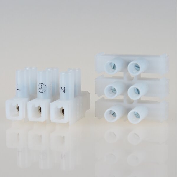 Lüsterklemme transparent 3-polig bis 4mm² mit Beschriftung (L+Erde+N) 31x27x22mm