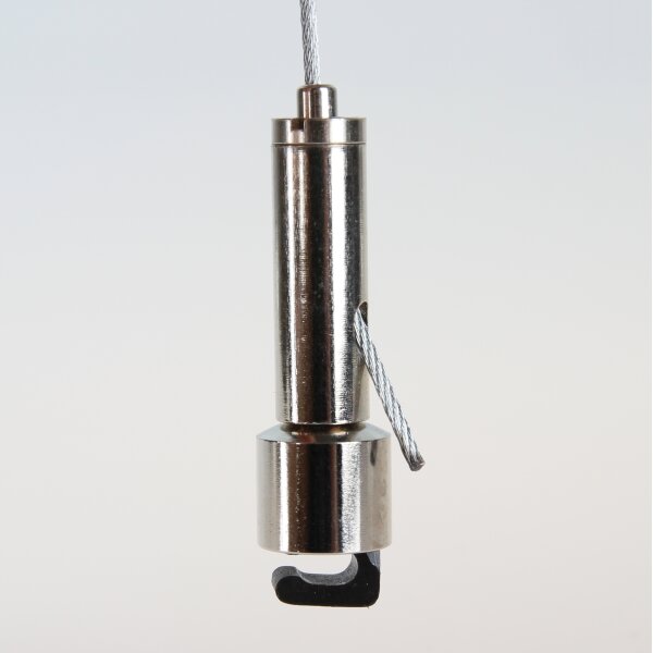 Messing Seilstopper 13x46 mm mit seitlichem Ausgang und Kunststoff-Befestigung für Schirmstrebe, vernickelt