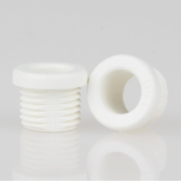 M10x1 Trompetennippel 12x9,5 mm, 7 mm lang, Rundbund, Kunststoff weiß, mit Verdrehschutz