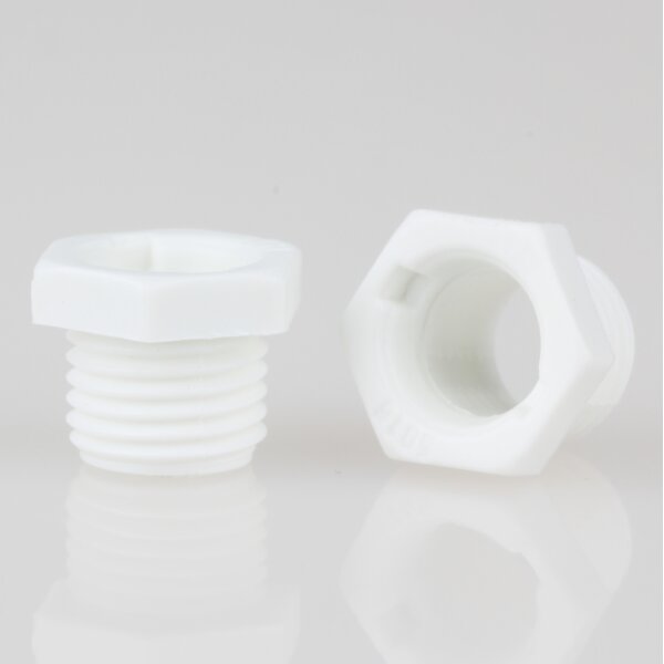 M10x1 Trompetennippel 12x10 mm, 7 mm lang, 6-kant, Kunststoff weiß, ohne Verdrehschutz