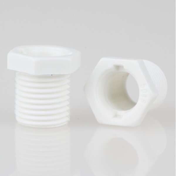 M10x1 Trompetennippel 12x13 mm, 10 mm lang, 6-kant, Kunststoff weiß, ohne Verdrehschutz