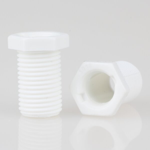 M10x1 Trompetennippel 12x18 mm, 15 mm lang, 6-kant, Kunststoff weiß, ohne Verdrehschutz
