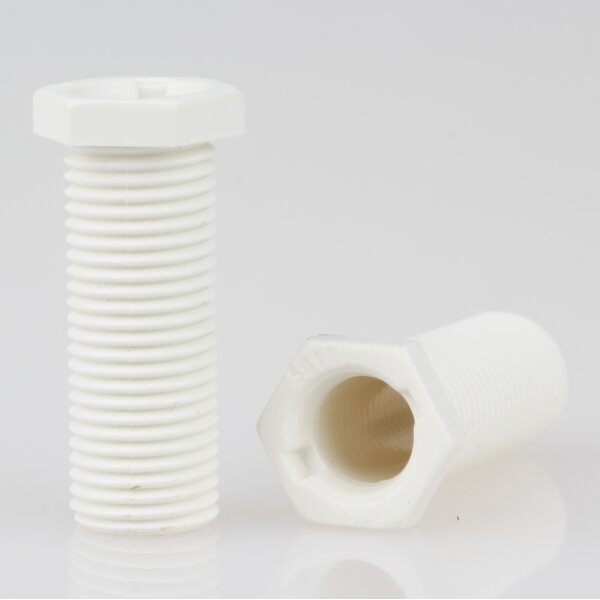 M10x1 Trompetennippel 12x28 mm, 25 mm lang, 6-kant, Kunststoff weiß, ohne Verdrehschutz