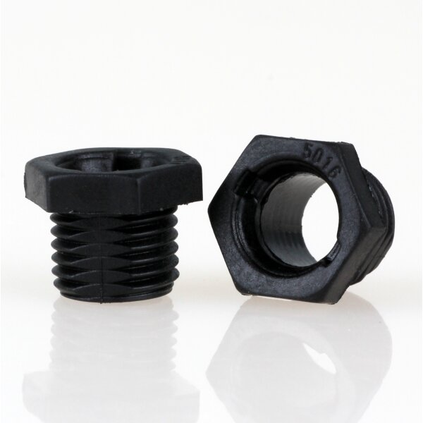 M10x1 Trompetennippel 12x10 mm, 6-kant, 7 mm lang, Kunststoff schwarz, mit Verdrehschutz