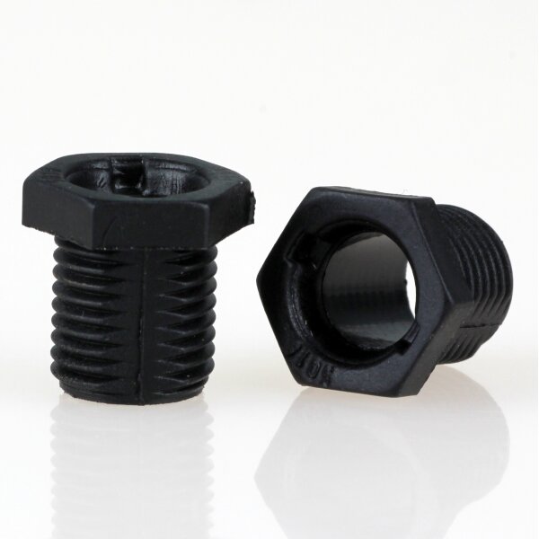 M10x1 Trompetennippel 12x13 mm, 6-kant, 10 mm lang, Kunststoff schwarz, mit Verdrehschutz