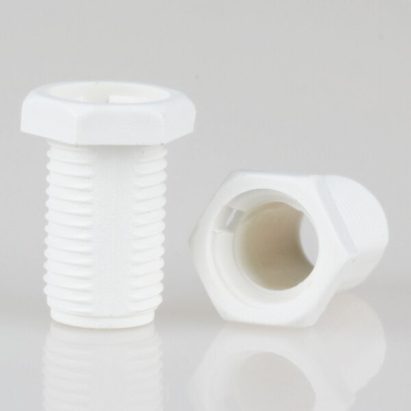 M10x1 Trompetennippel 12x18 mm, 6-kant, 15 mm lang, Kunststoff weiß, mit Verdrehschutz