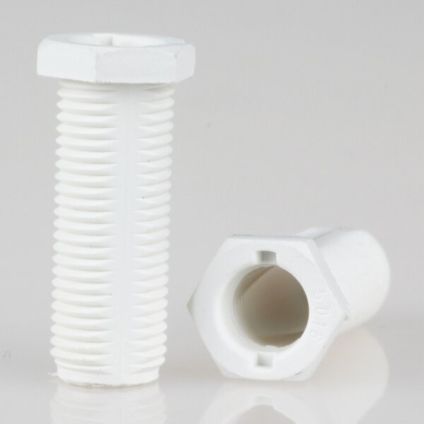 M10x1 Trompetennippel 12x28 mm, 6-kant, 25 mm lang, Kunststoff weiß, mit Verdrehschutz