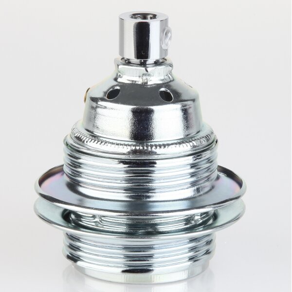 E27 Premium Lampenfassung Set verchromt mit Metall-Zugentlaster, Stahlseil-Befestigung und 2 Schraubringe