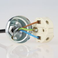 E27 Premium Lampenfassung Set verchromt mit Metall-Zugentlaster, Stahlseil-Befestigung und 2 Schraubringe