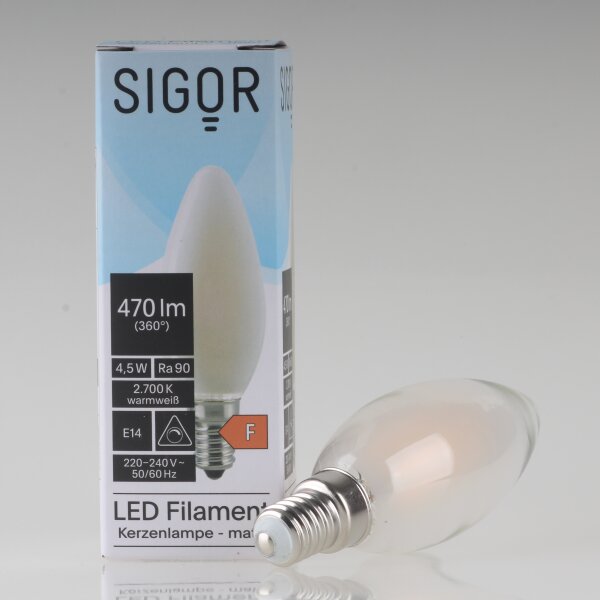 Sigor E14 LED Filament Kerzenlampe matt 4,5W (40W) 2700K warmweiß 430lm dimmbar