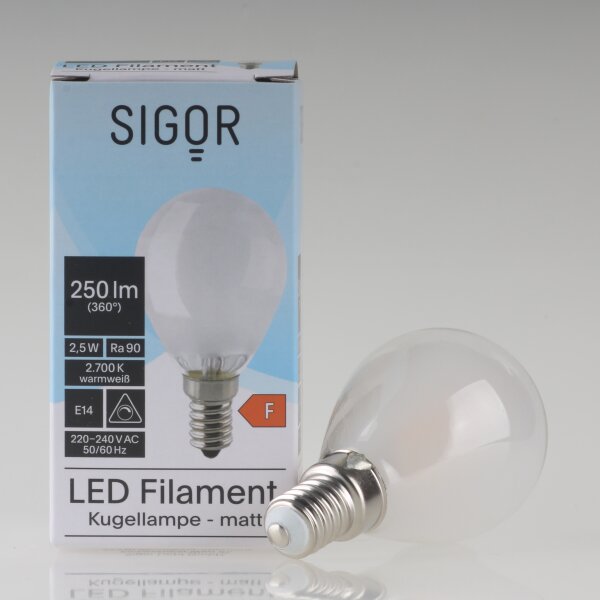 Sigor E14 LED Filament Tropfenlampe matt 2,5W (25W) 2700K warmweiß 250lm dimmbar